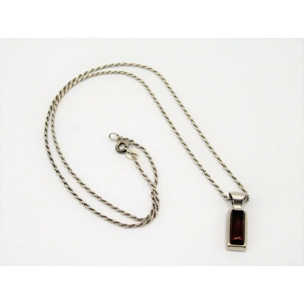Sterling Silver Rectangle Pendant w/ Amber Stone on 19" Rope Chain Vtg Necklace